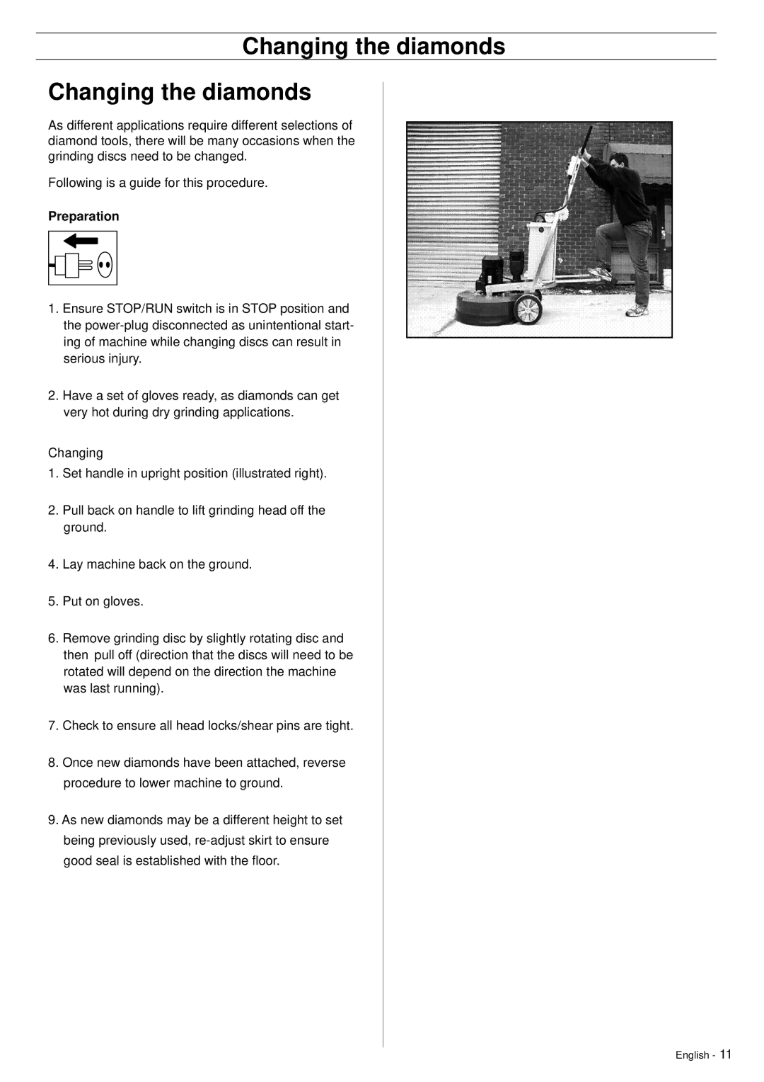 Husqvarna PG530 manuel dutilisation Changing the diamonds, Preparation 