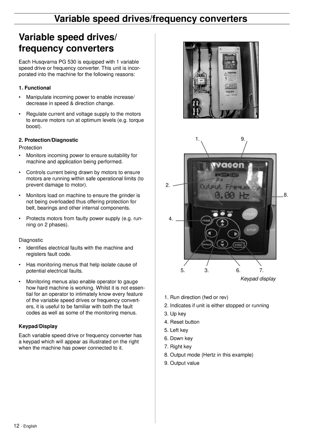 Husqvarna PG530 manuel dutilisation Functional, Protection/Diagnostic Protection, Keypad/Display 