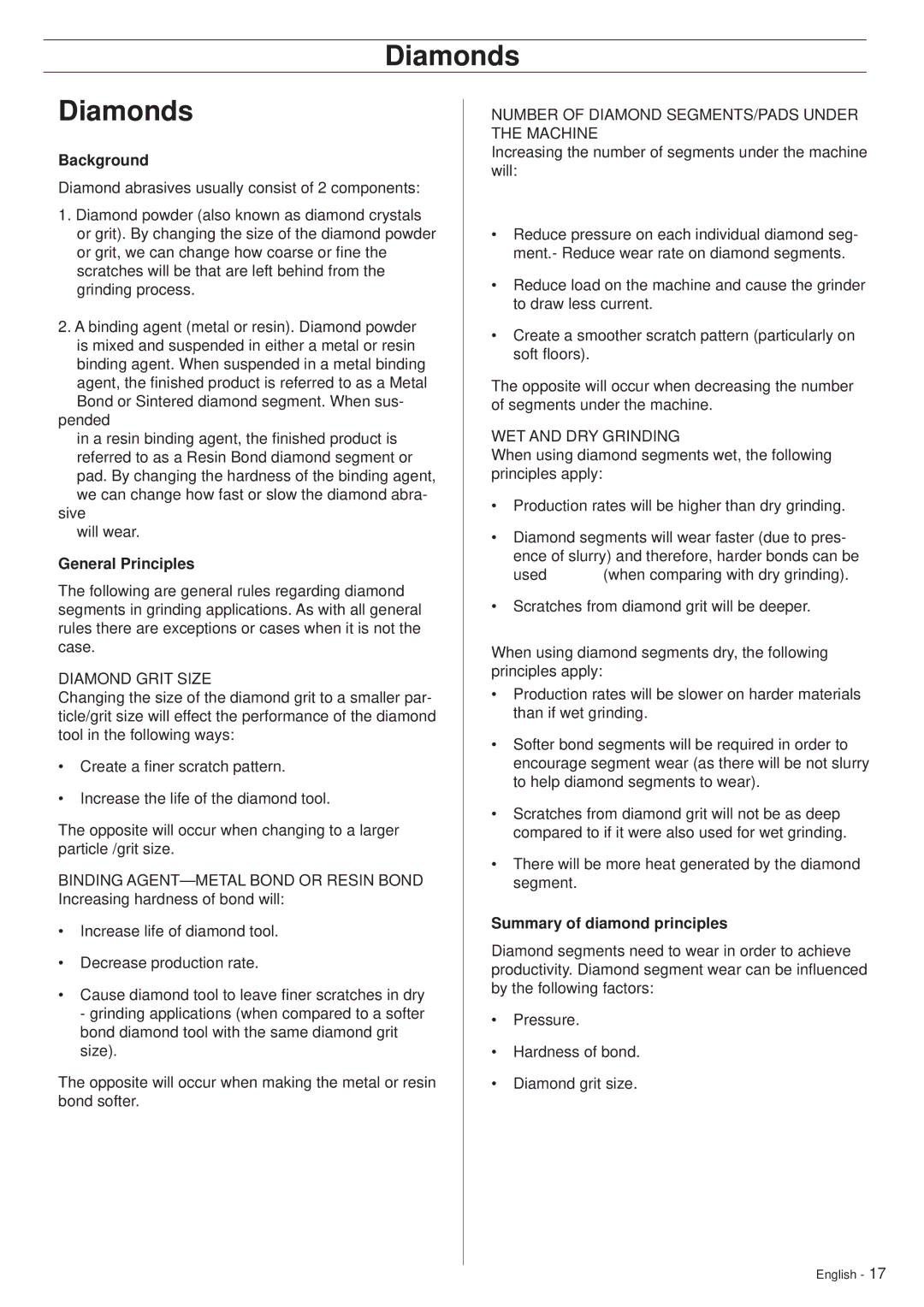 Husqvarna PG530 manuel dutilisation Diamonds, Background, General Principles, Summary of diamond principles 