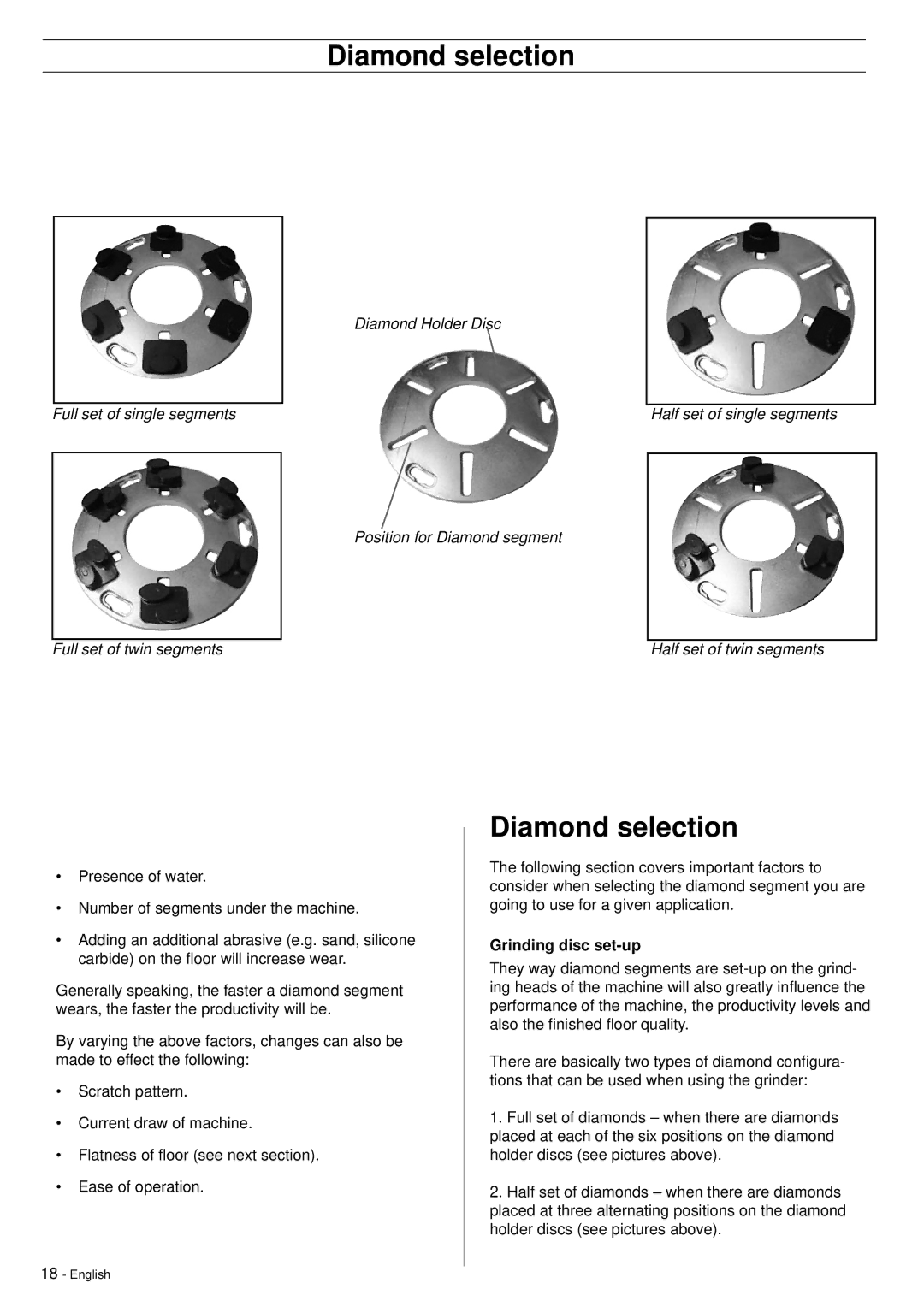 Husqvarna PG530 manuel dutilisation Diamond selection, Grinding disc set-up 