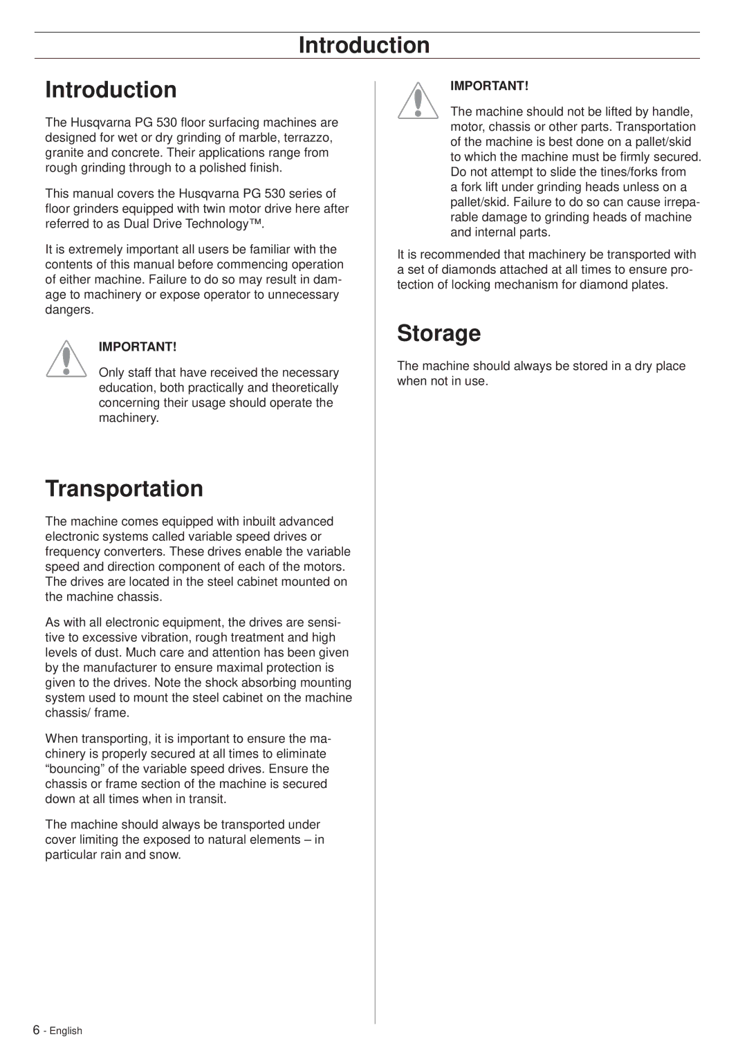 Husqvarna PG530 manuel dutilisation Introduction, Transportation, Storage 