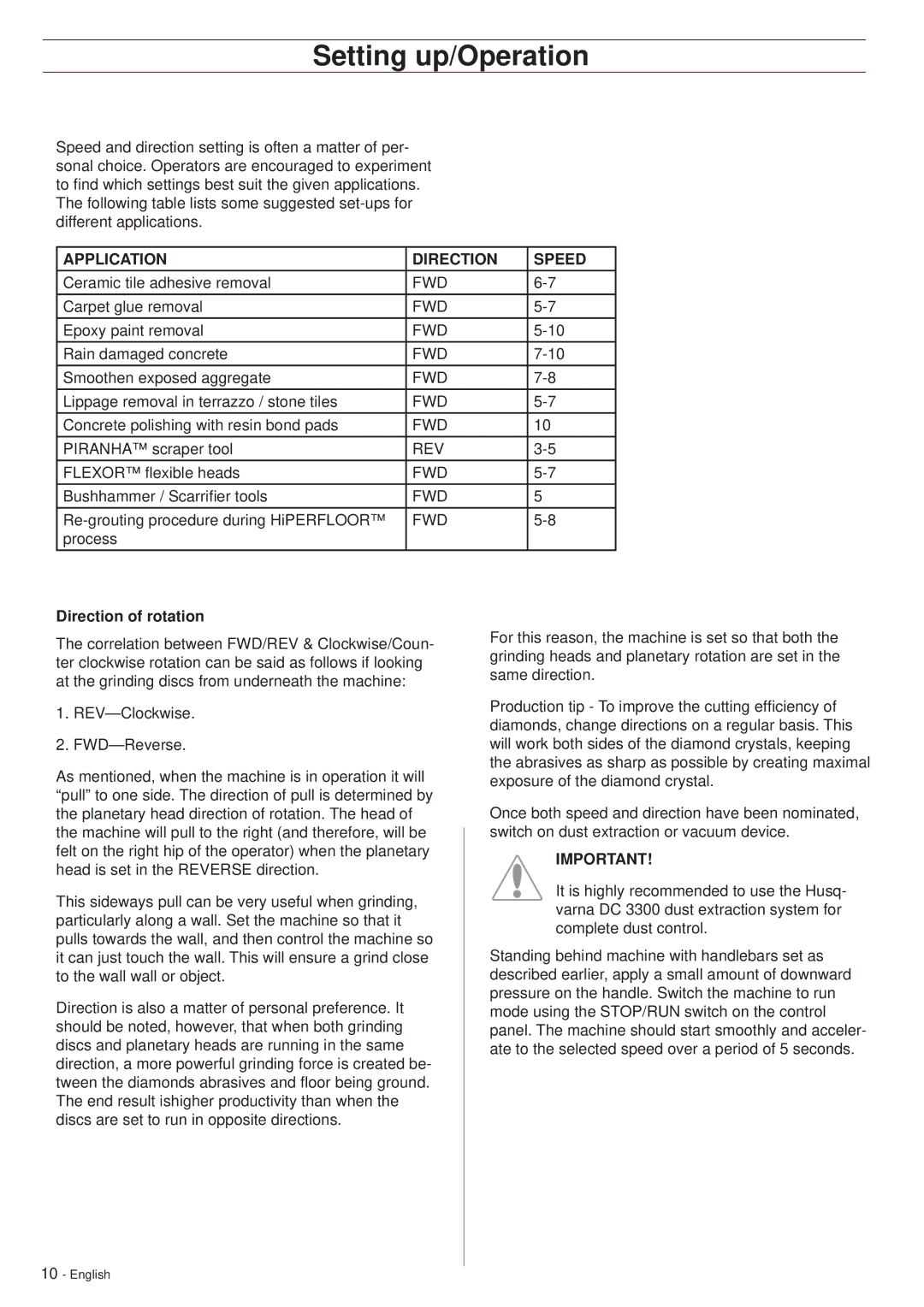 Husqvarna PG530 manuel dutilisation Fwd, Rev, Direction of rotation 