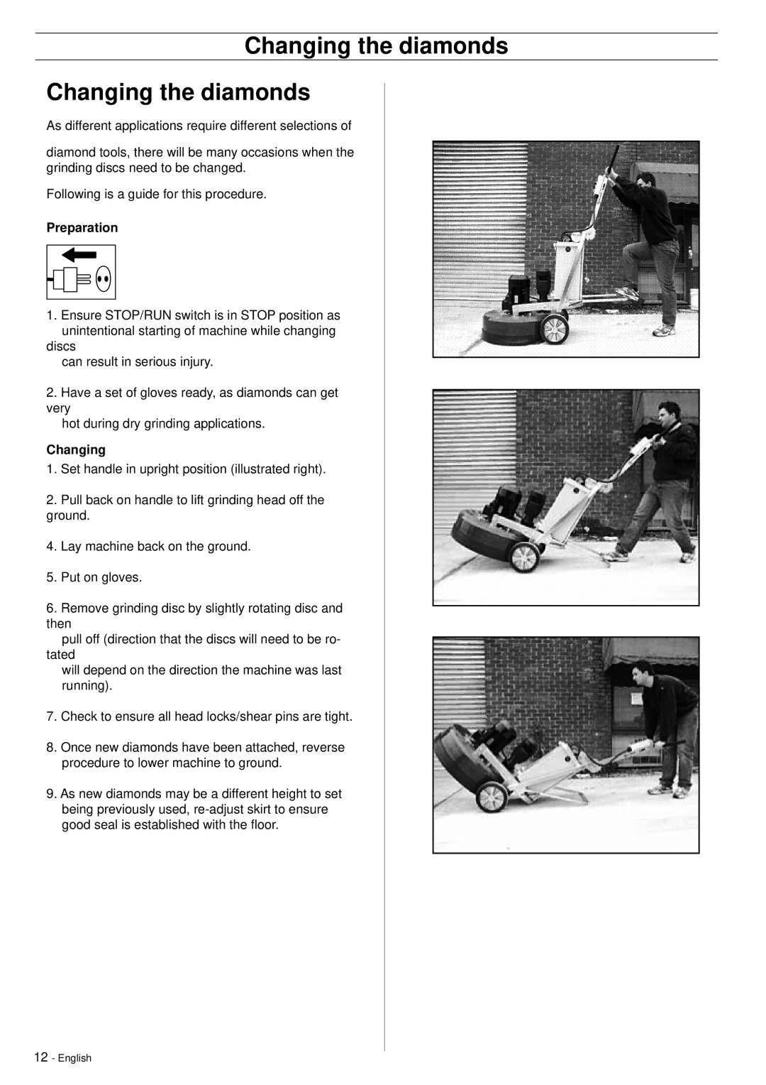 Husqvarna PG820, PG680 manuel dutilisation Changing the diamonds, Preparation 