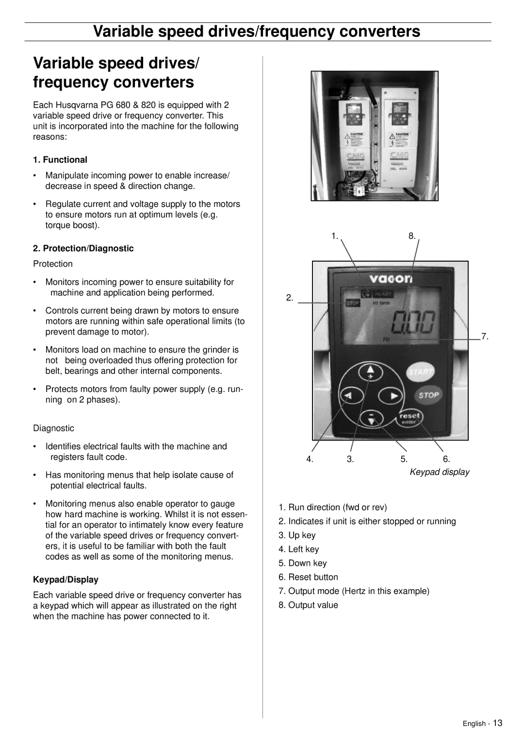 Husqvarna PG680, PG820 manuel dutilisation Functional, Protection/Diagnostic Protection, Keypad/Display 