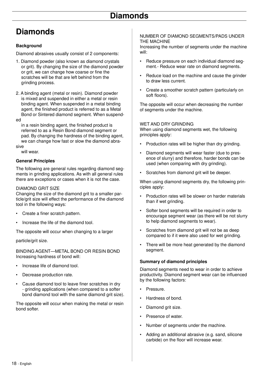 Husqvarna PG820, PG680 manuel dutilisation Diamonds, Background, General Principles, Summary of diamond principles 