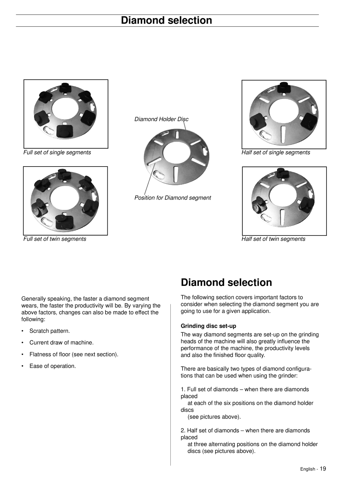 Husqvarna PG680, PG820 manuel dutilisation Diamond selection, Grinding disc set-up 