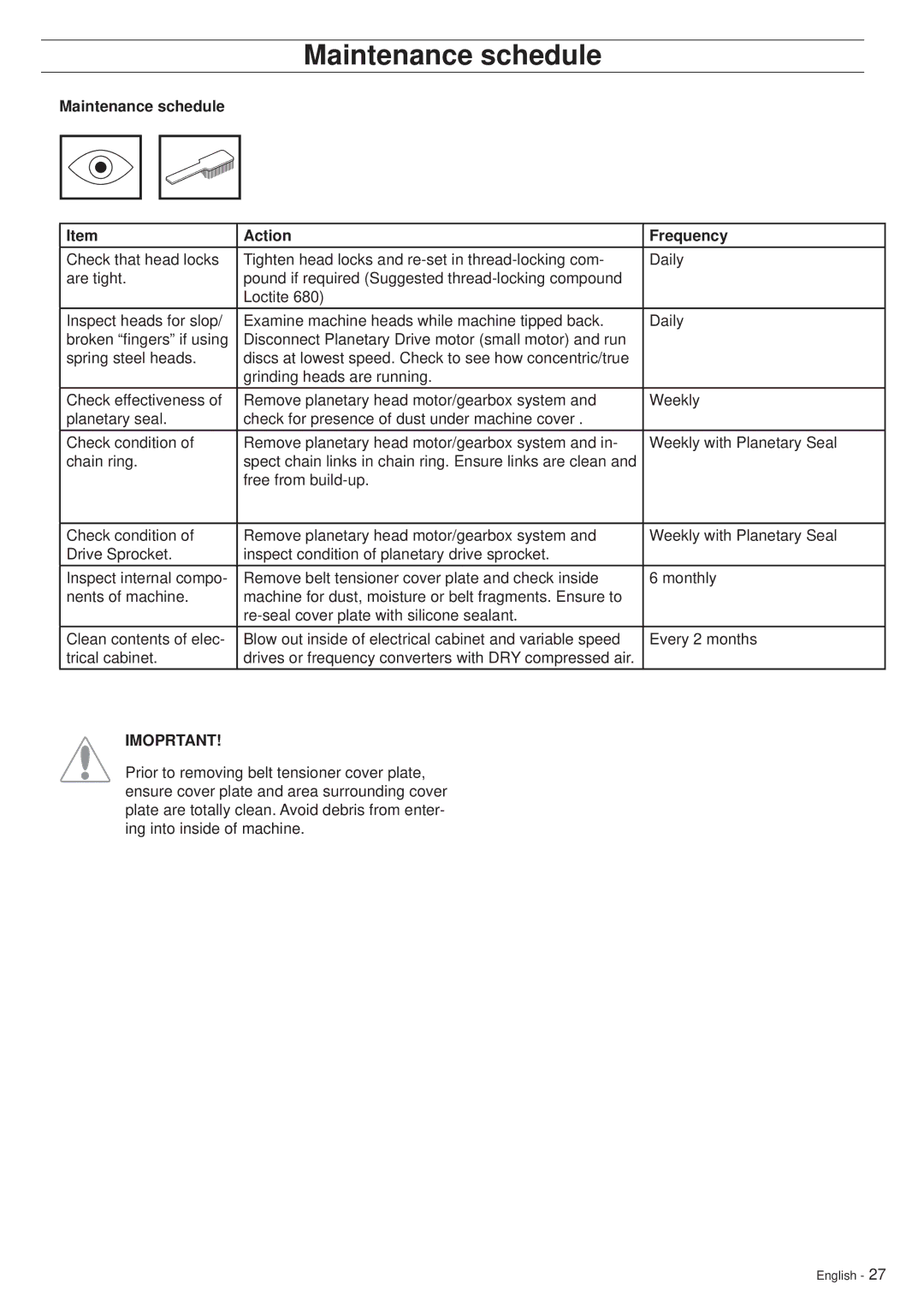 Husqvarna PG680, PG820 manuel dutilisation Maintenance schedule Action Frequency 