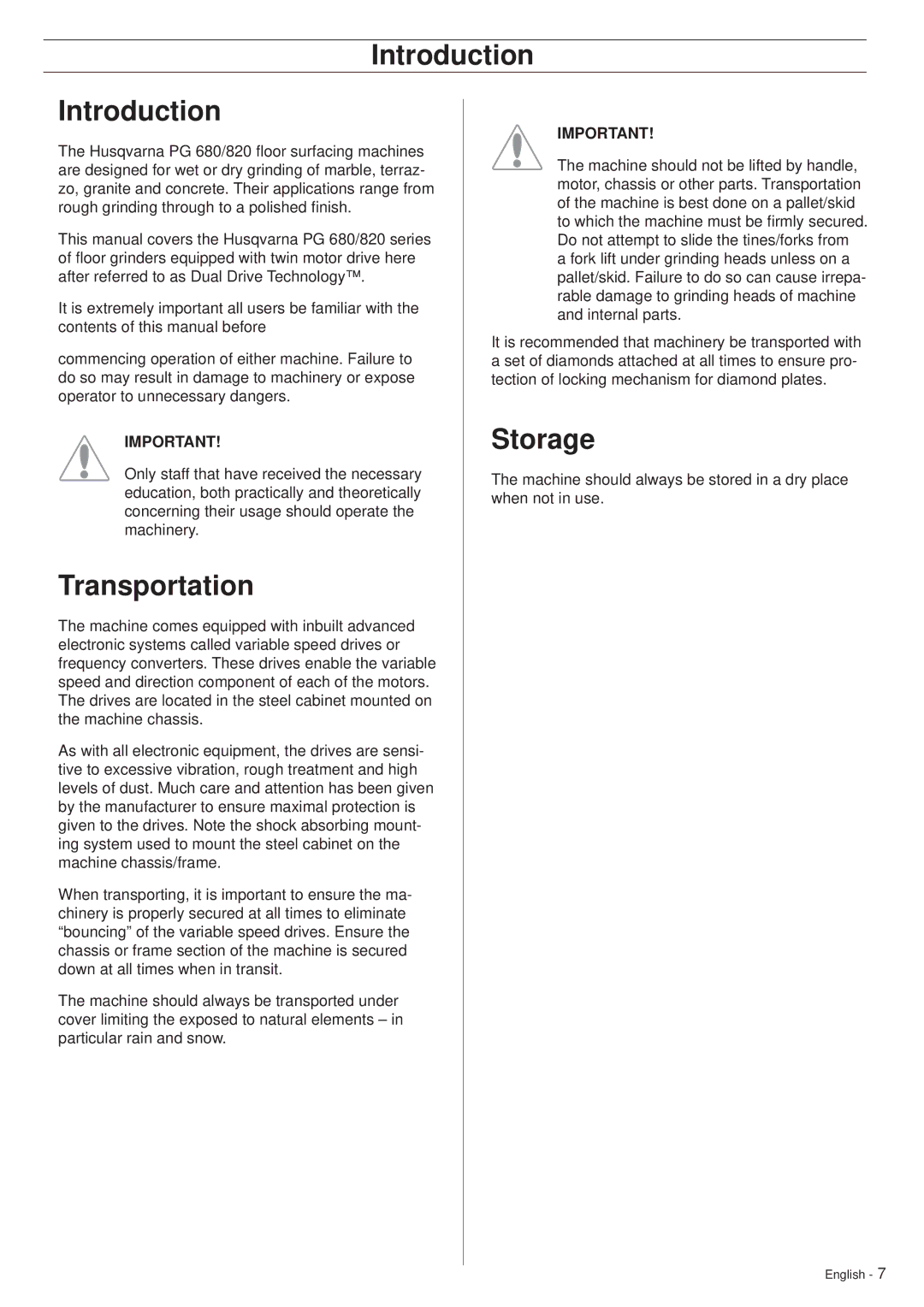 Husqvarna PG680, PG820 manuel dutilisation Introduction, Transportation, Storage 