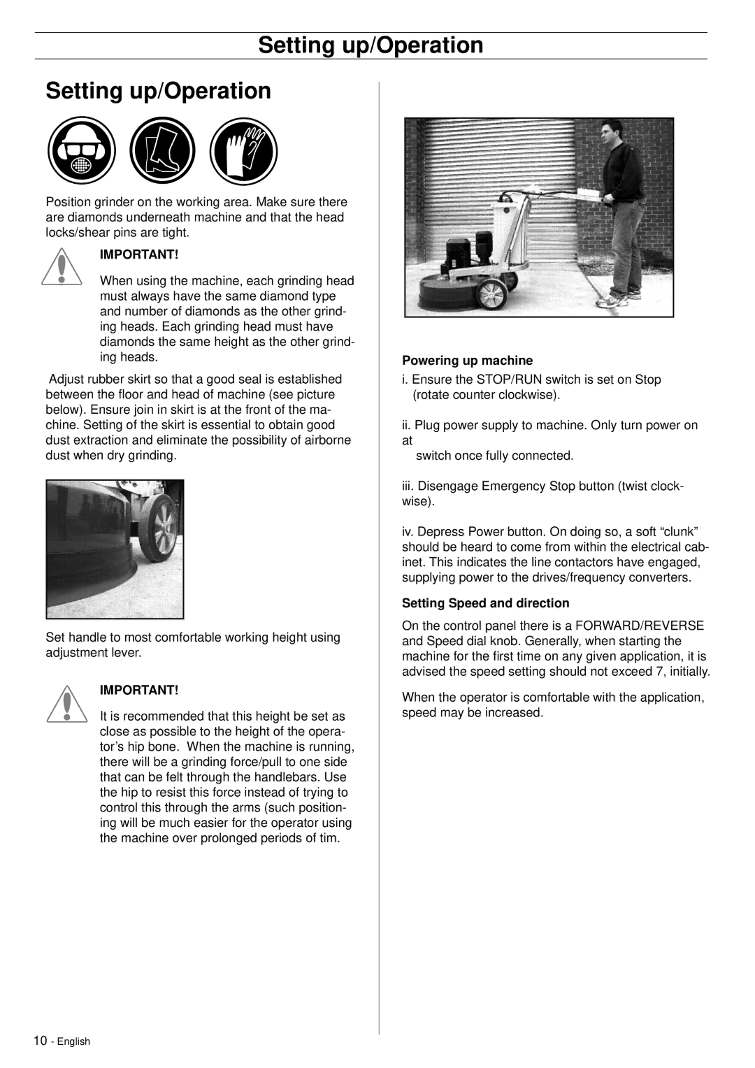 Husqvarna PG820, PG680 manuel dutilisation Setting up/Operation, Powering up machine, Setting Speed and direction 