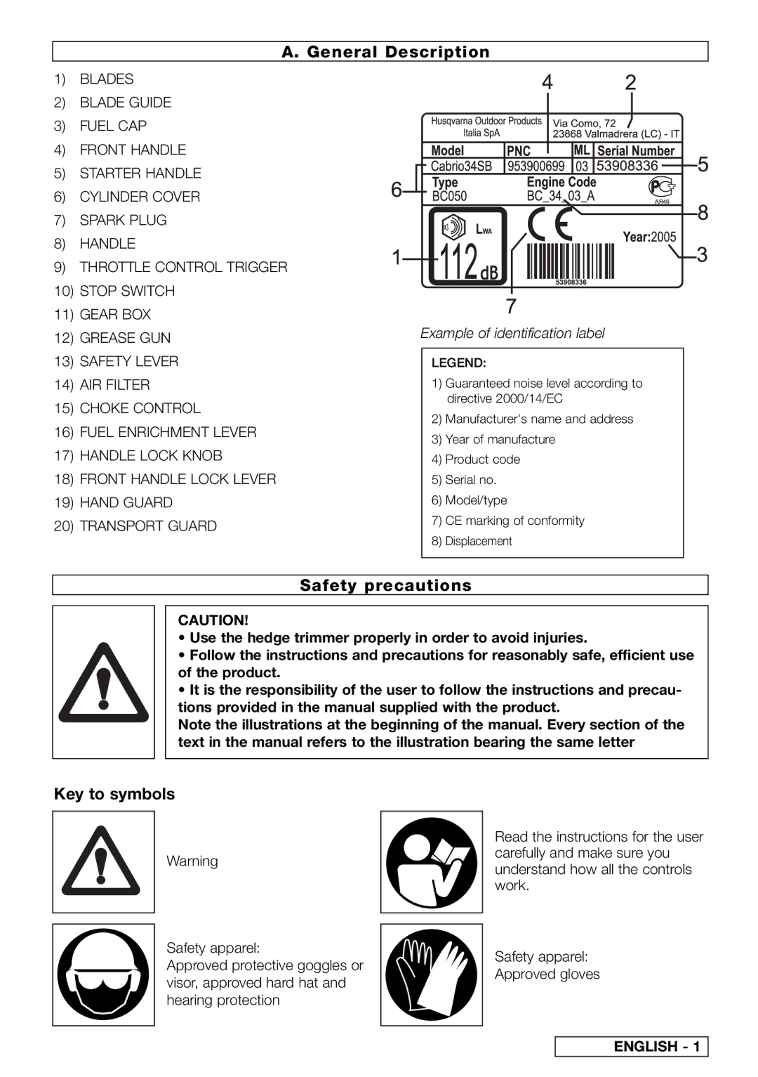 Husqvarna PN 249512 instruction manual General Description, Safety precautions, Key to symbols 