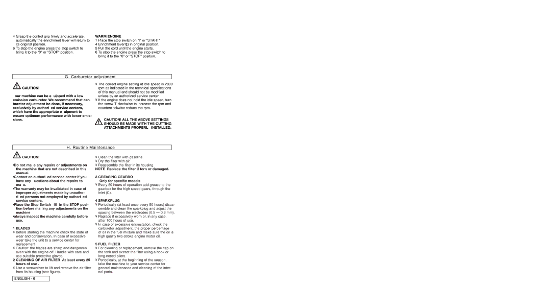 Husqvarna PN 249512 instruction manual Carburetor adjustment, Routine Maintenance 