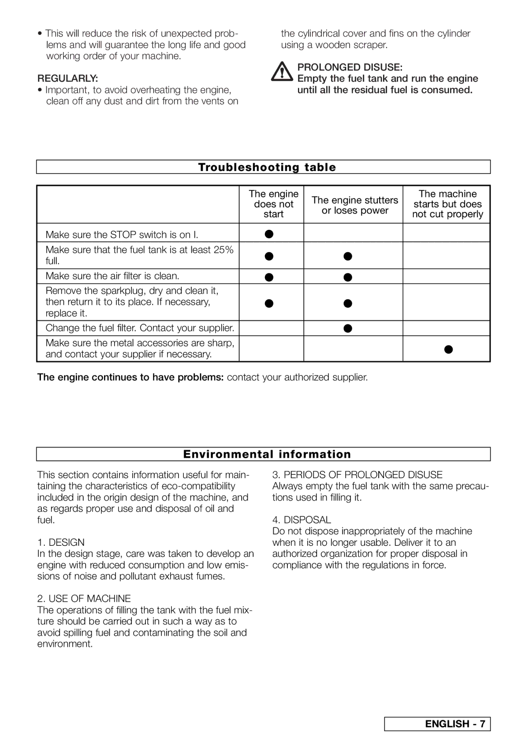 Husqvarna PN 249512 instruction manual Troubleshooting table, Environmental information 