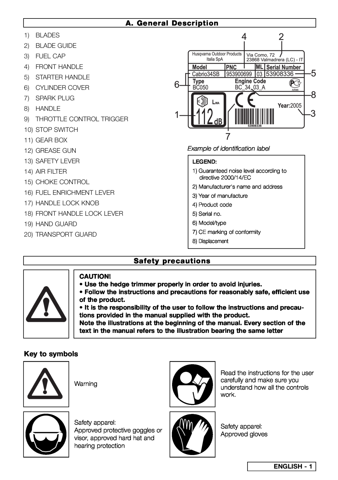 Husqvarna PN 249512 A. General Description, Safety precautions, Key to symbols, English, Example of identification label 