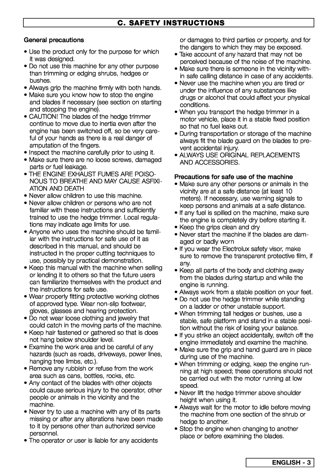 Husqvarna PN 249512 instruction manual C. Safety Instructions, English 