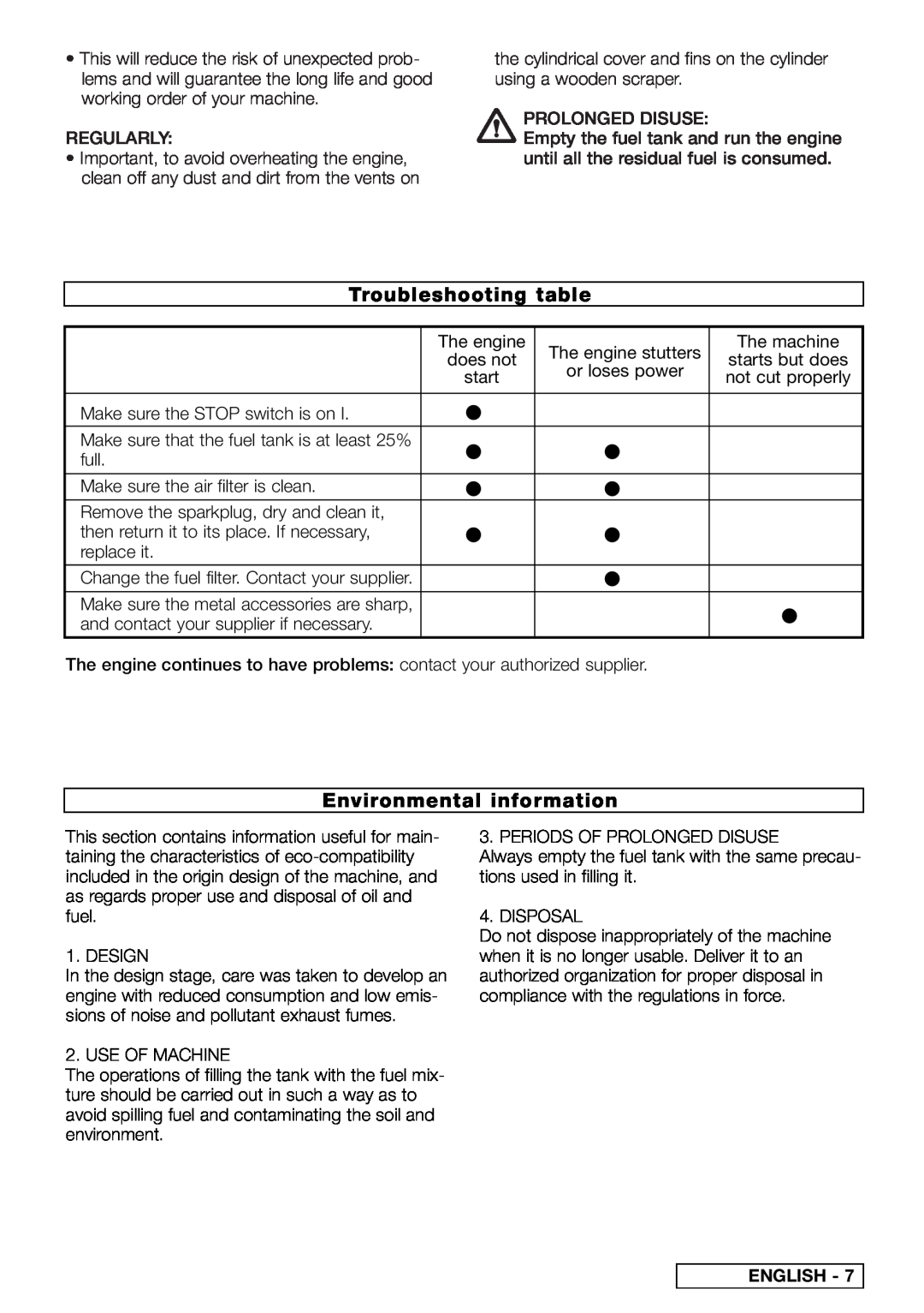 Husqvarna PN 249512 instruction manual Troubleshooting table, Environmental information, English 