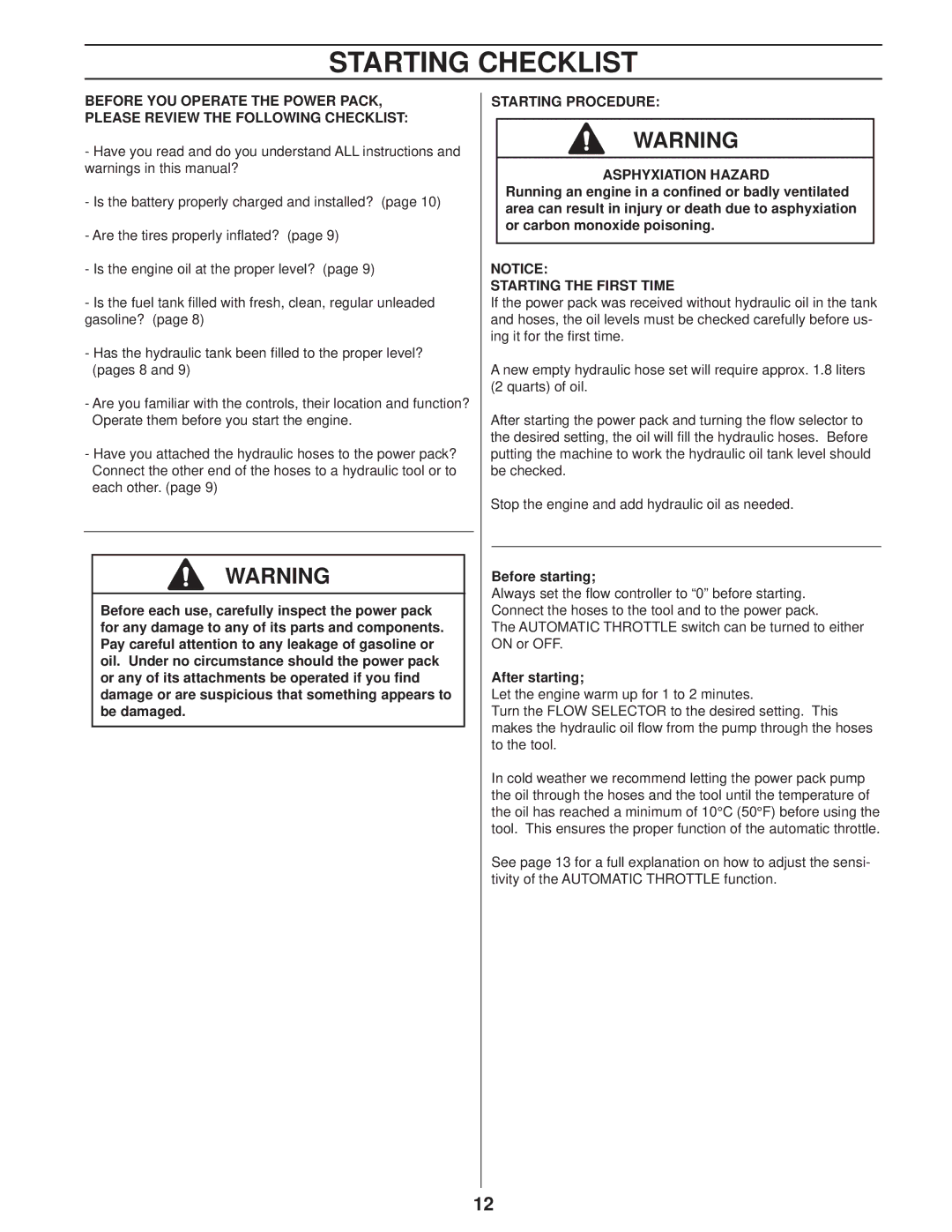 Husqvarna PP 418 Starting Checklist, Starting Procedure, Starting the First Time, Before starting, After starting 