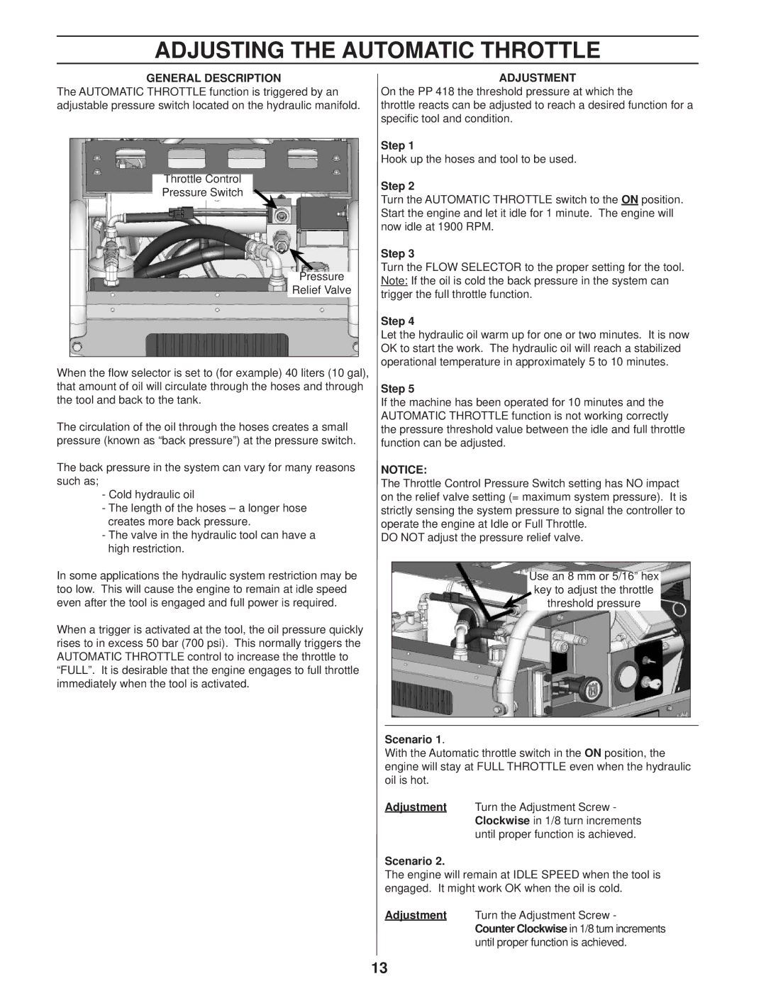 Husqvarna PP 418 manuel dutilisation Adjusting the Automatic Throttle, General Description, Adjustment, Scenario 