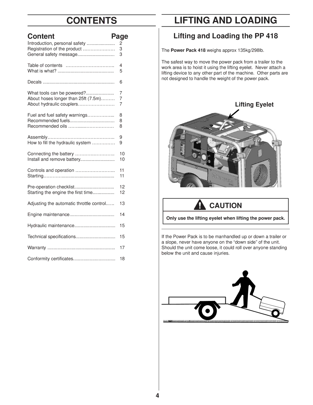 Husqvarna PP 418 manuel dutilisation Contents, Lifting and Loading 