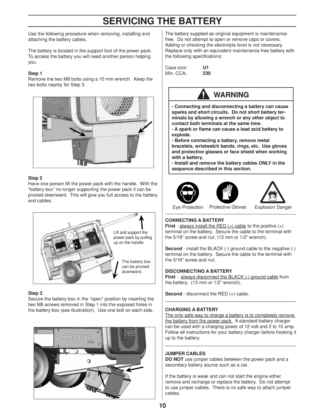 Husqvarna PP 418 Servicing the Battery, Connecting a Battery, Disconnecting a Battery, Charging a Battery, Jumper Cables 