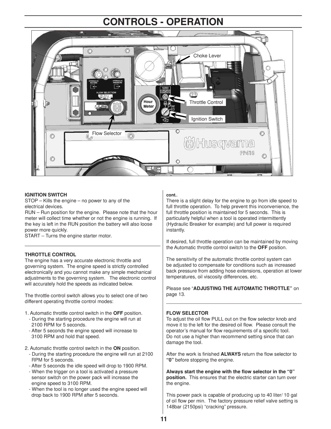 Husqvarna PP 418 Controls Operation, Ignition Switch, Throttle Control, Please see Adjusting the Automatic Throttle on 