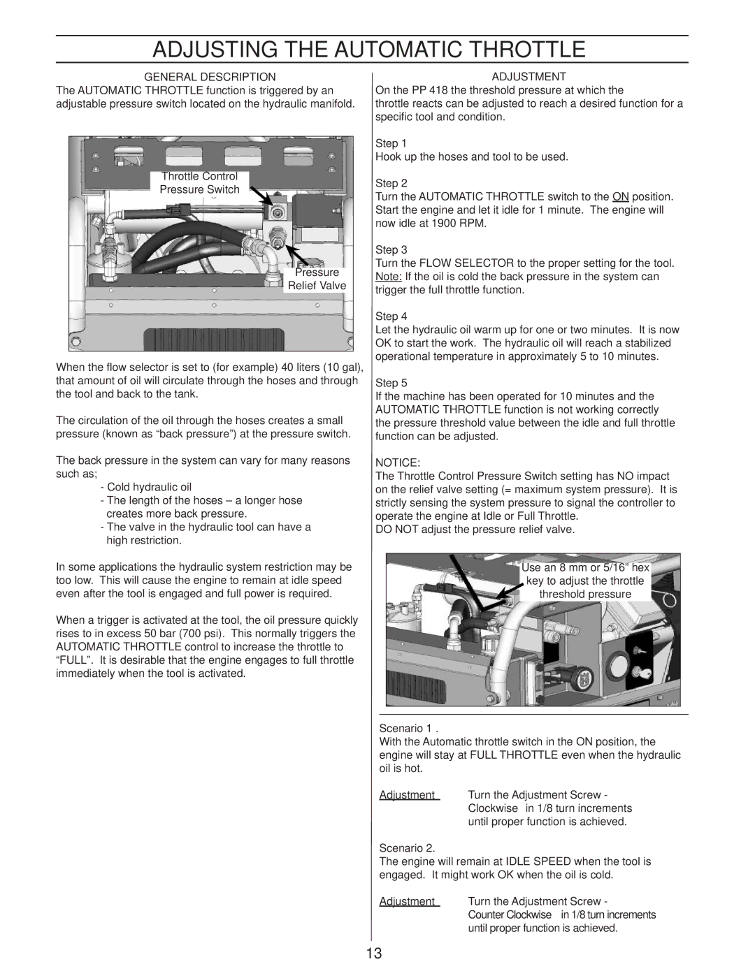 Husqvarna PP 418 manuel dutilisation Adjusting the Automatic Throttle, General Description, Adjustment, Scenario 