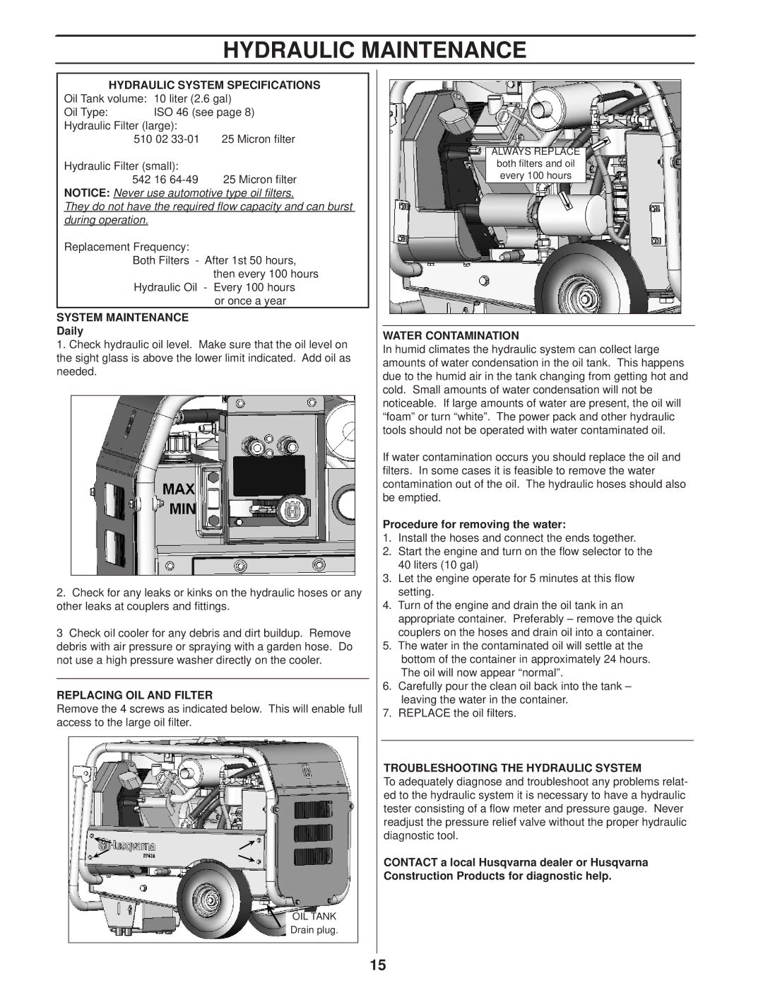 Husqvarna PP 418 manuel dutilisation Hydraulic Maintenance 