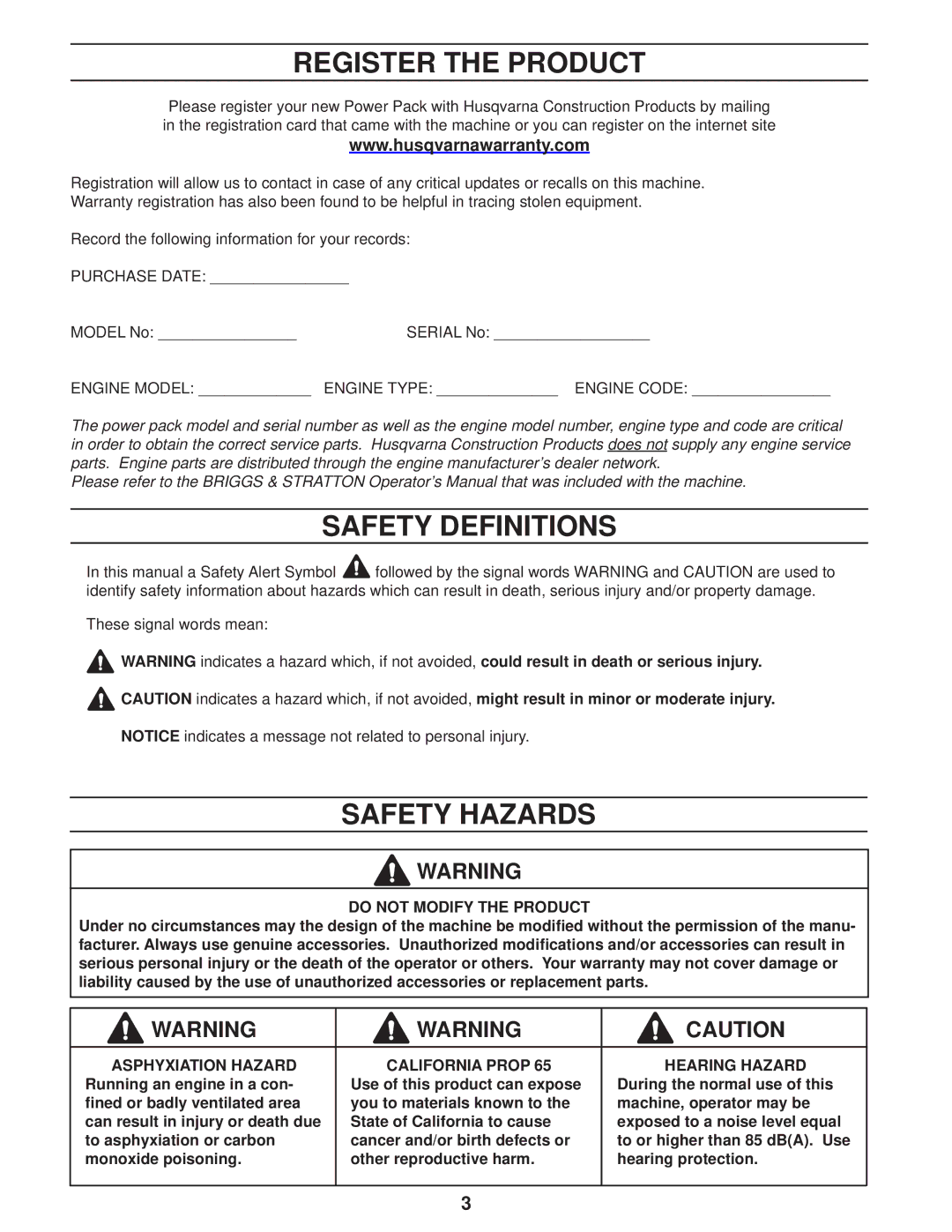 Husqvarna PP 418 manuel dutilisation Register the Product, Safety Definitions, Safety Hazards 