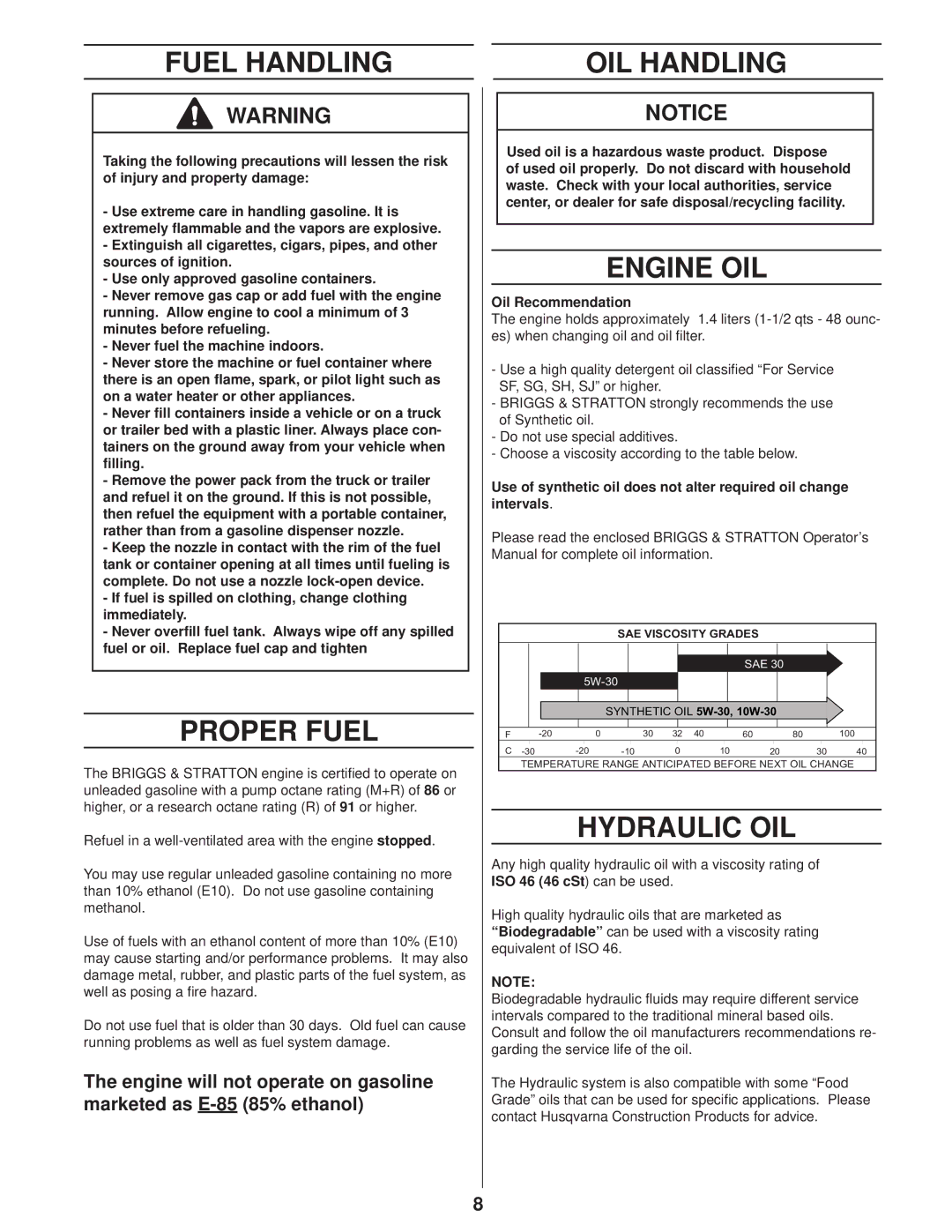 Husqvarna PP 418 manuel dutilisation Fuel Handling, Proper Fuel, OIL Handling, Engine OIL, Hydraulic OIL 