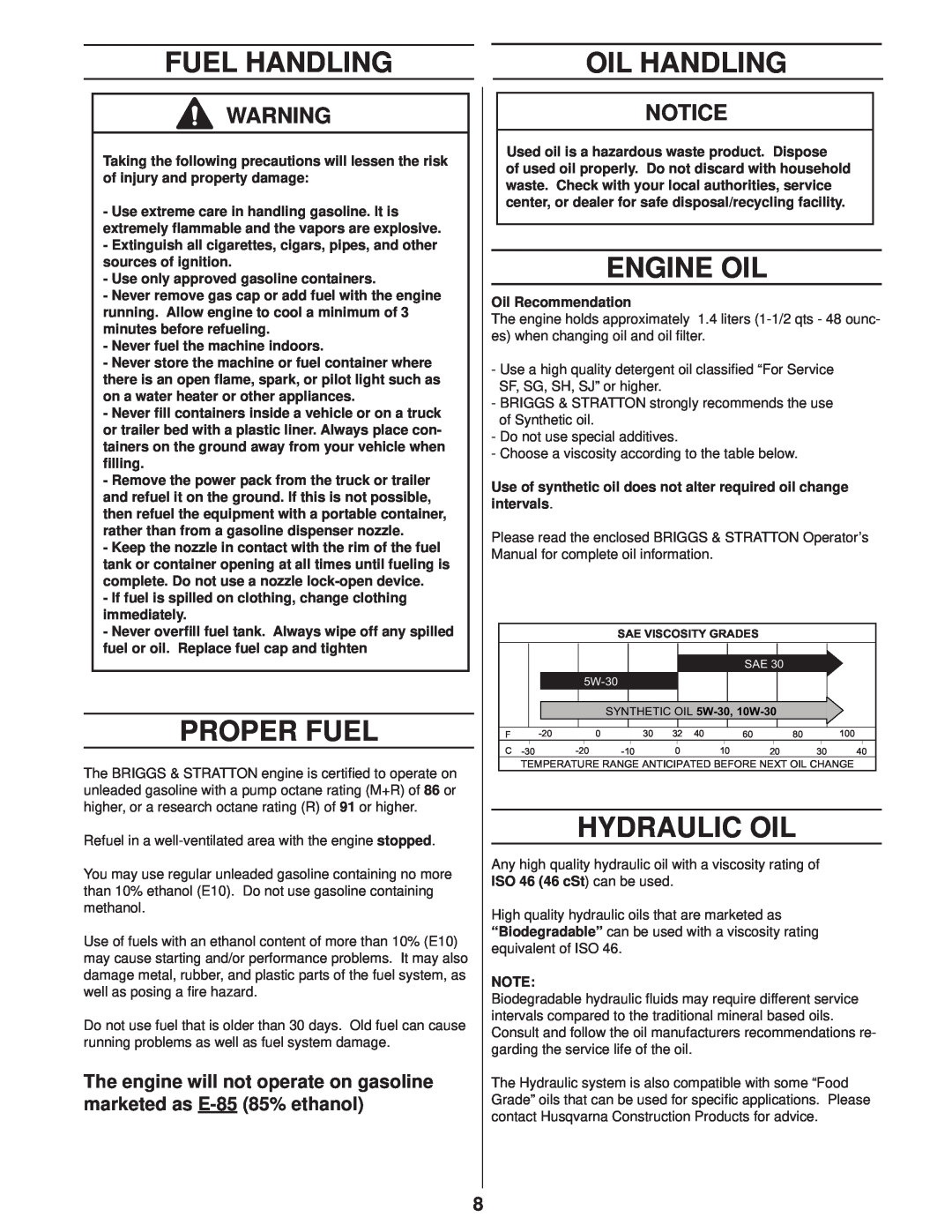 Husqvarna PP 418 Fuel Handling, Proper Fuel, Oil Handling, Engine Oil, Hydraulic Oil, Never fuel the machine indoors 