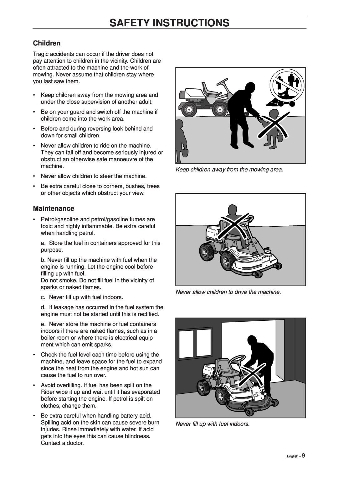 Husqvarna Pro 15 Children, Maintenance, Keep children away from the mowing area, Never allow children to drive the machine 