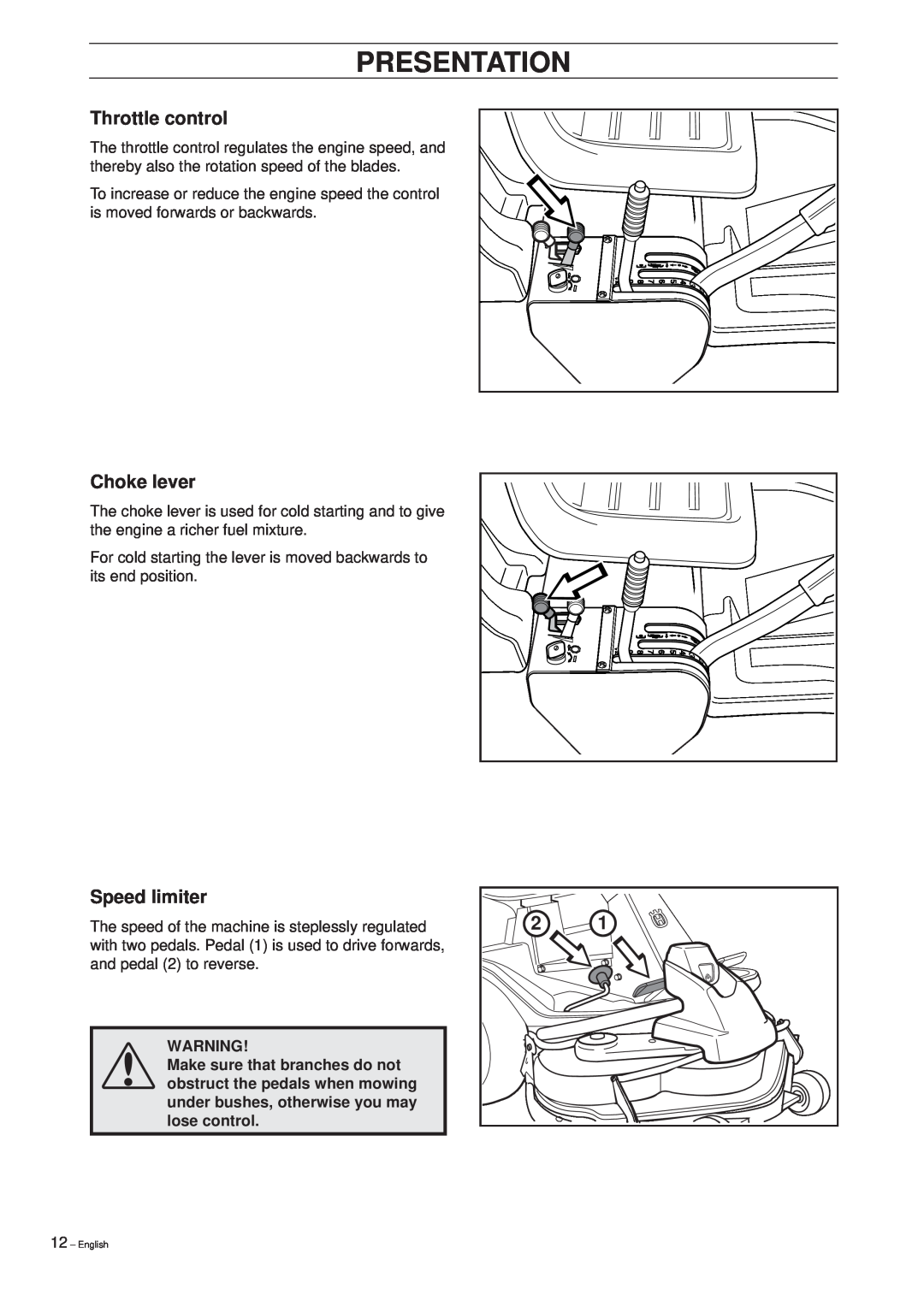 Husqvarna Pro 15 manual Throttle control, Choke lever, Speed limiter, Presentation 