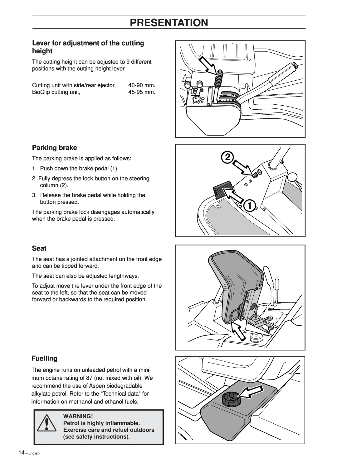 Husqvarna Pro 15 manual Lever for adjustment of the cutting height, Parking brake, Seat, Fuelling, Presentation 