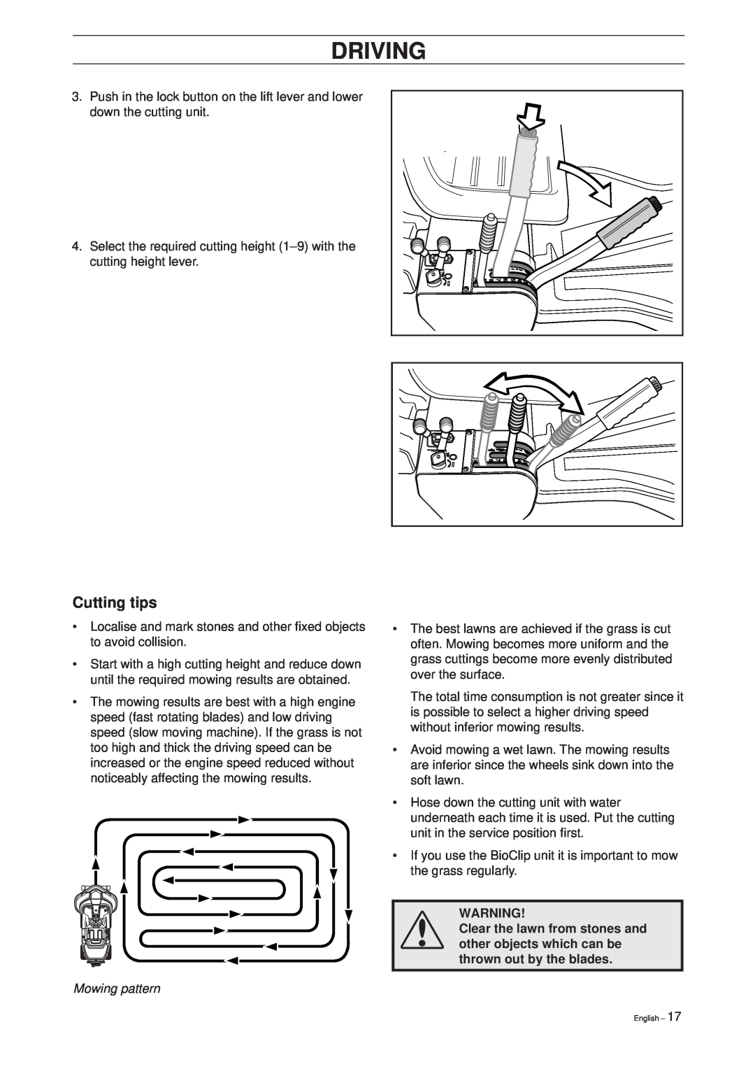 Husqvarna Pro 15 manual Cutting tips, Mowing pattern, Driving 