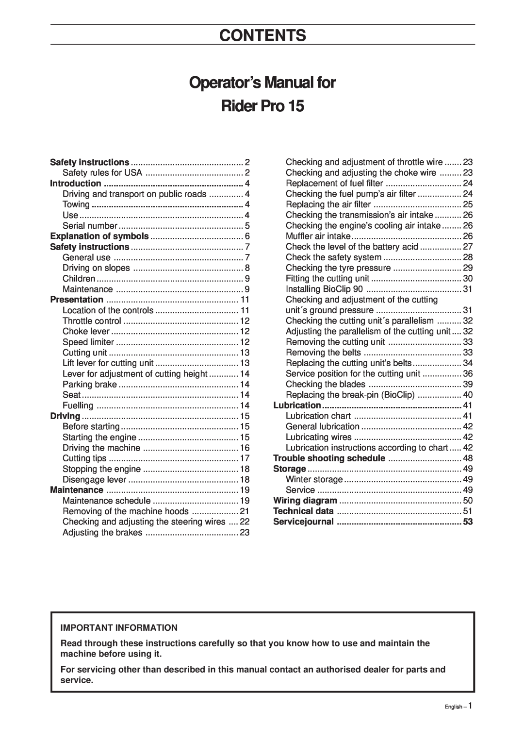 Husqvarna Pro 15 manual CONTENTS Operator’s Manual for Rider Pro, Important Information 