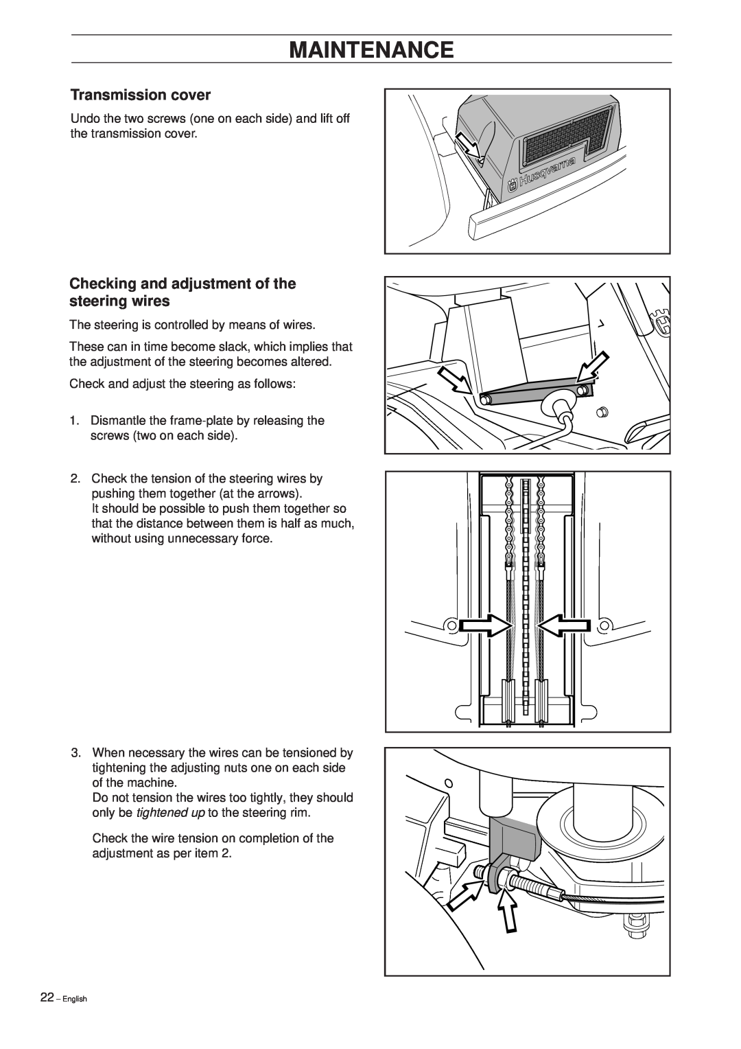 Husqvarna Pro 15 manual Transmission cover, Checking and adjustment of the steering wires, Maintenance 