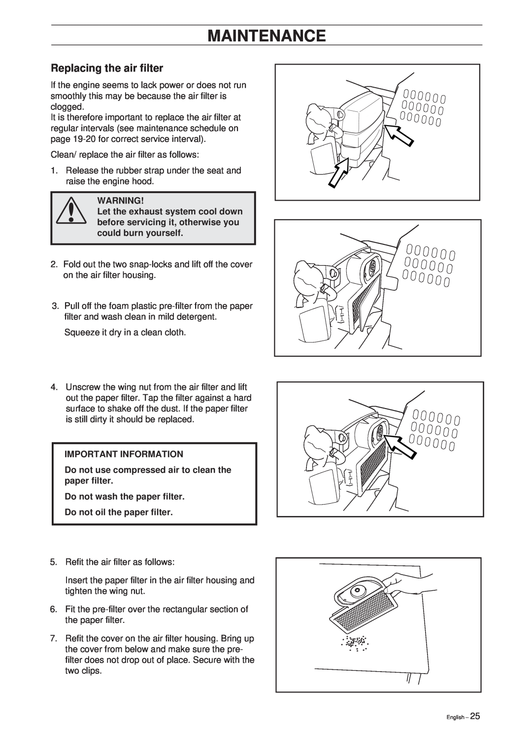 Husqvarna Pro 15 manual Replacing the air filter, Do not use compressed air to clean the paper filter, Maintenance 