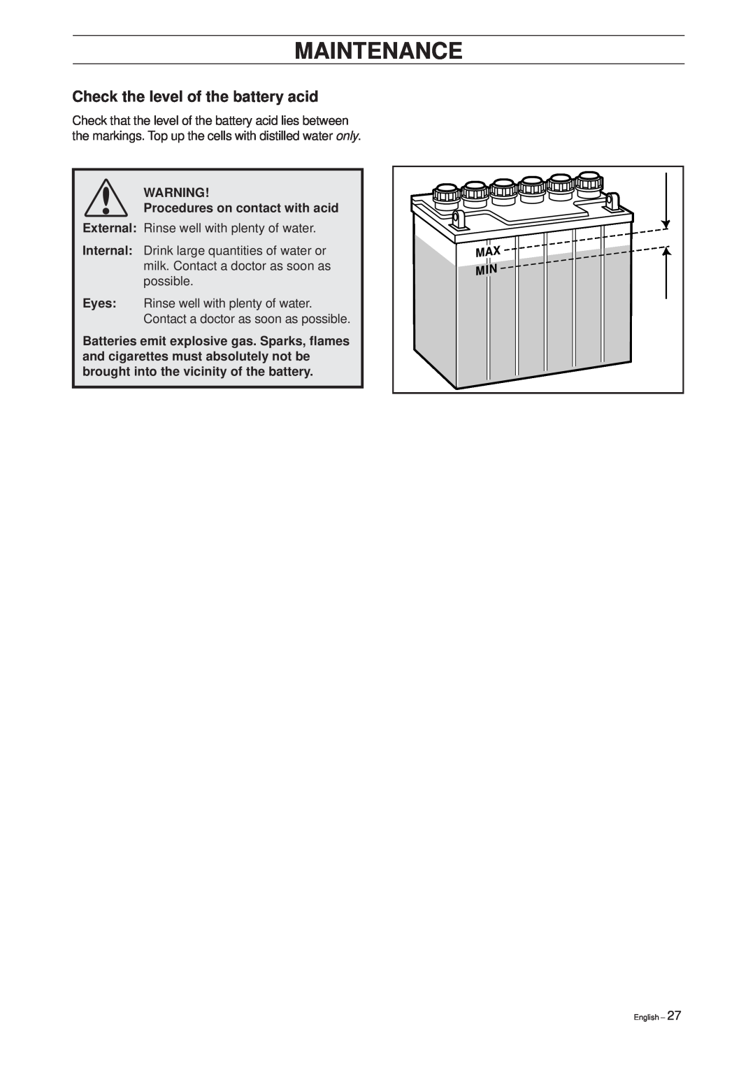 Husqvarna Pro 15 manual Check the level of the battery acid, Procedures on contact with acid, Maintenance, English 