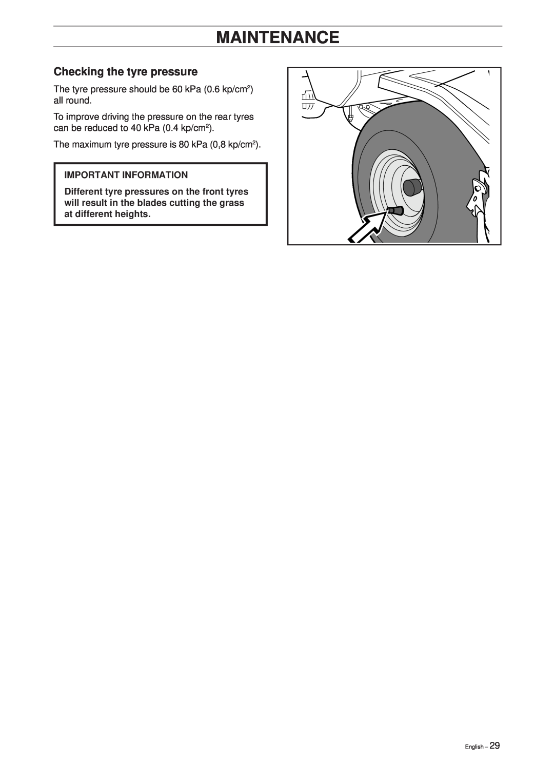 Husqvarna Pro 15 Checking the tyre pressure, Maintenance, The tyre pressure should be 60 kPa 0.6 kp/cm2 all round, English 