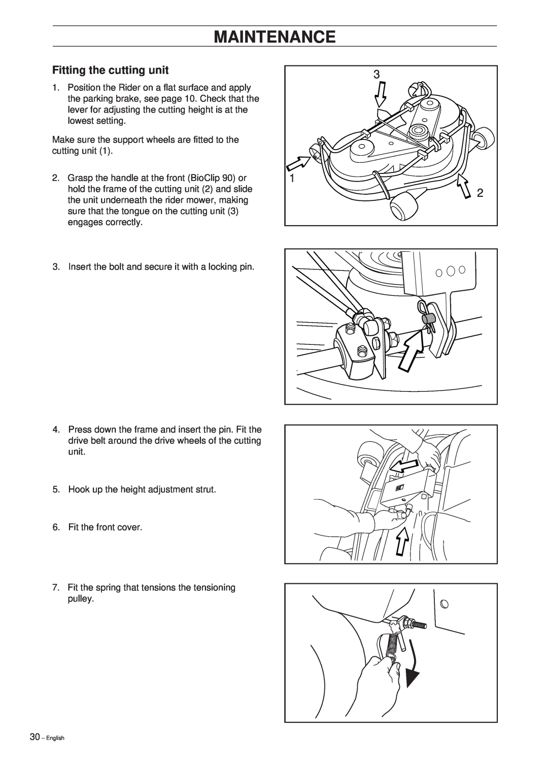 Husqvarna Pro 15 manual Fitting the cutting unit, Maintenance 