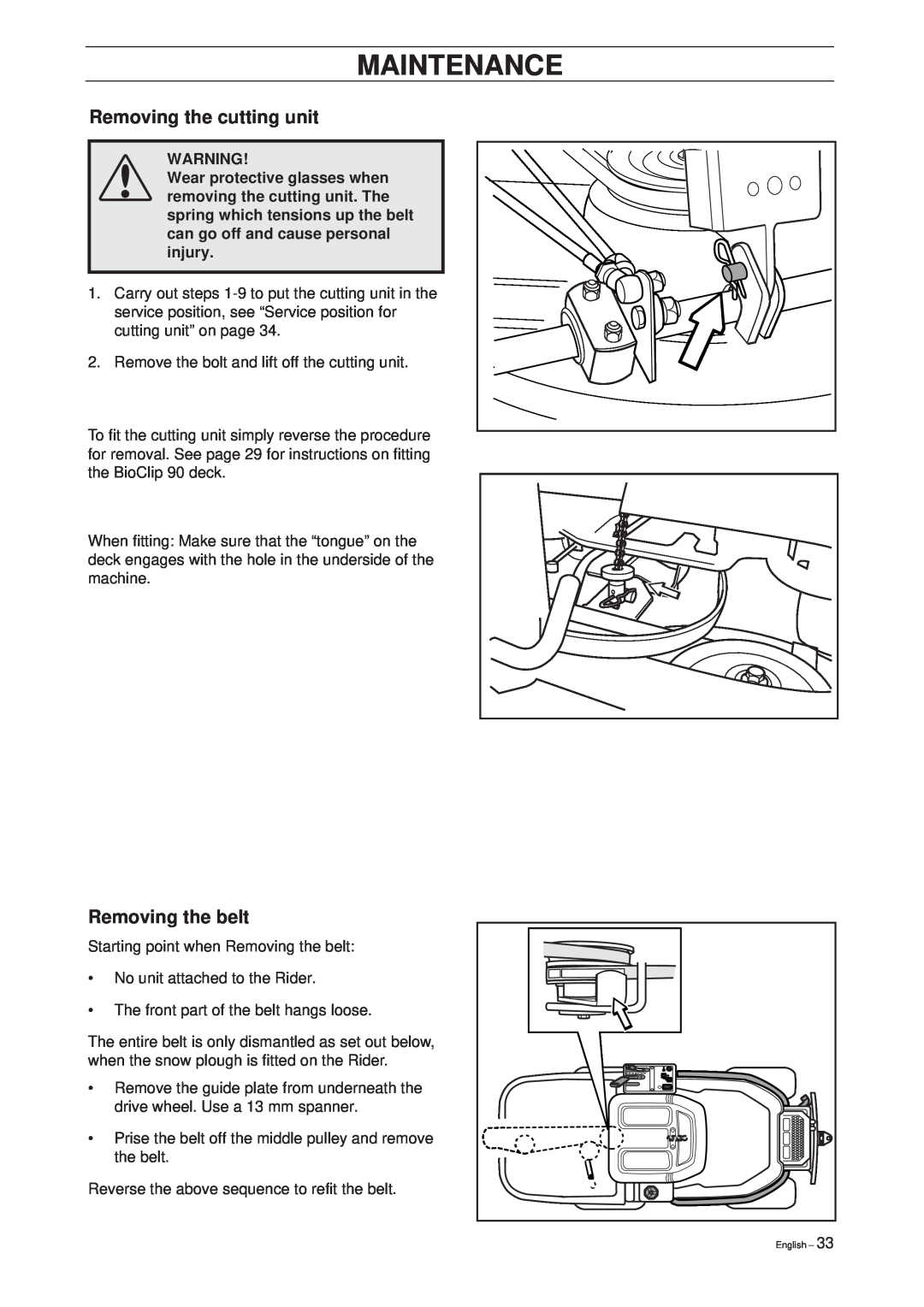 Husqvarna Pro 15 manual Removing the cutting unit, Removing the belt, Maintenance 