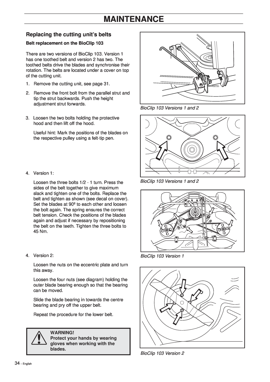 Husqvarna Pro 15 manual Replacing the cutting unit’s belts, Belt replacement on the BioClip, Maintenance 