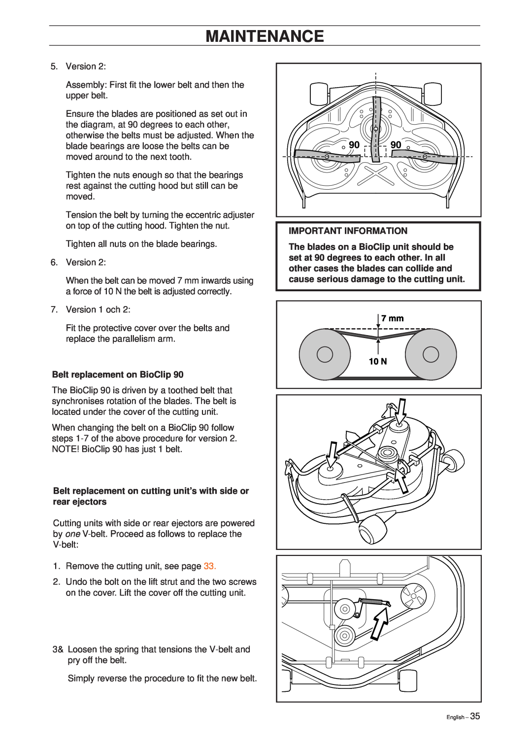 Husqvarna Pro 15 Belt replacement on BioClip, Belt replacement on cutting unit’s with side or rear ejectors, Maintenance 