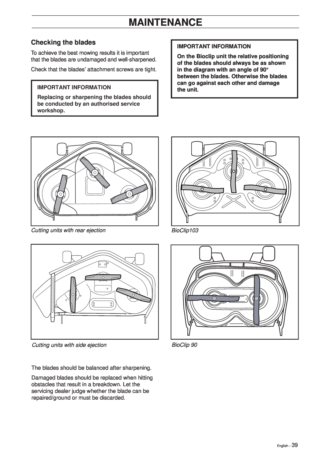 Husqvarna Pro 15 manual Checking the blades, Cutting units with rear ejection Cutting units with side ejection, Maintenance 