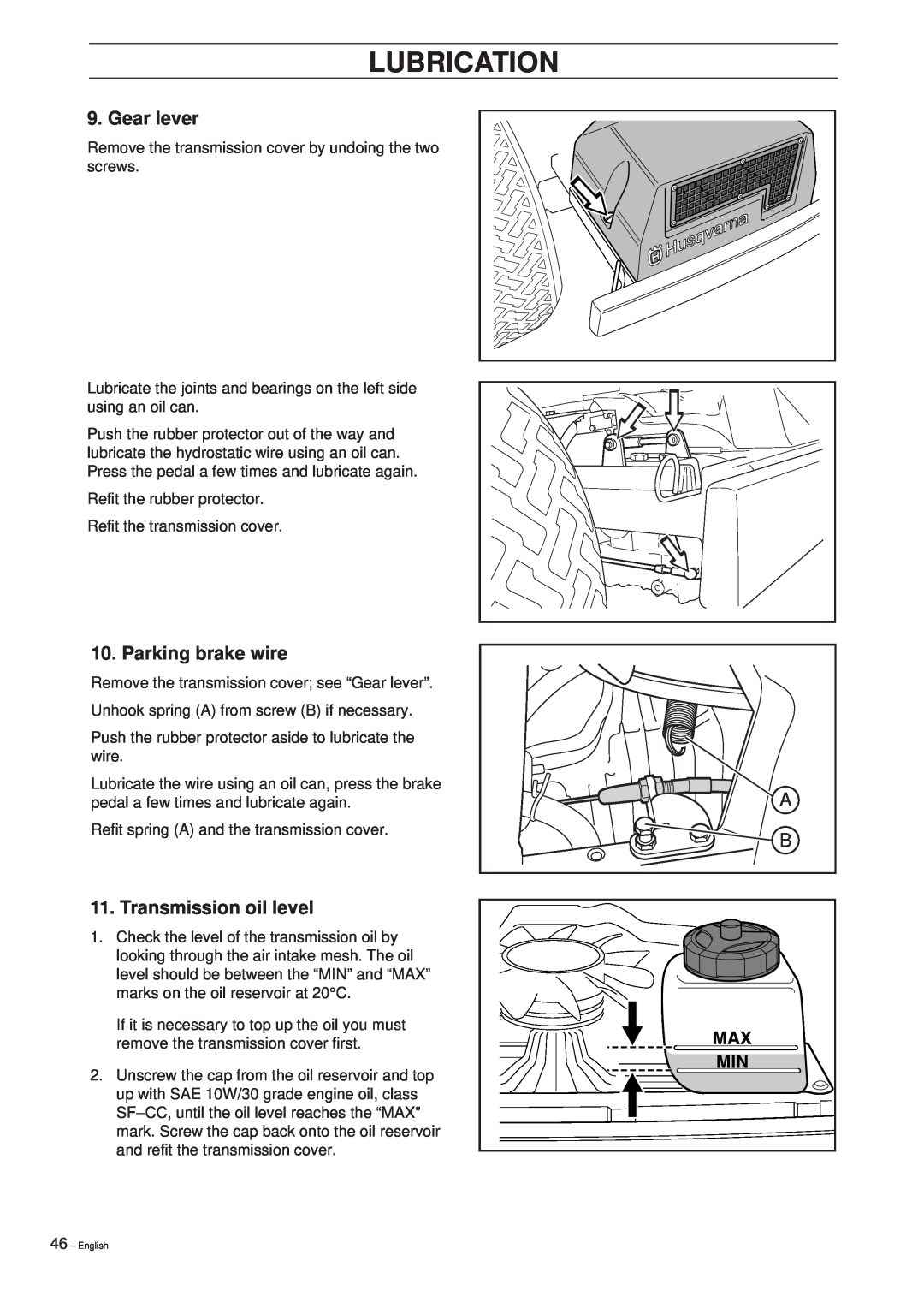 Husqvarna Pro 15 manual Gear lever, Parking brake wire, Transmission oil level, Lubrication 