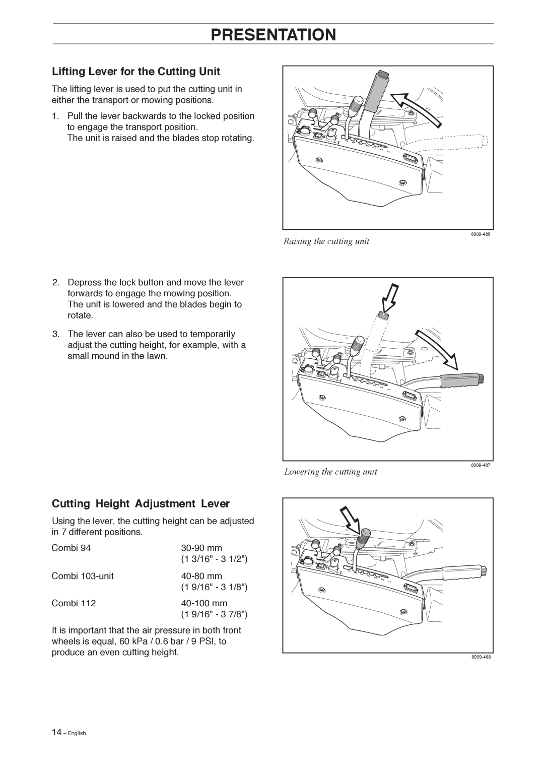 Husqvarna Pro 18 AWD manual Lifting Lever for the Cutting Unit, Cutting Height Adjustment Lever 