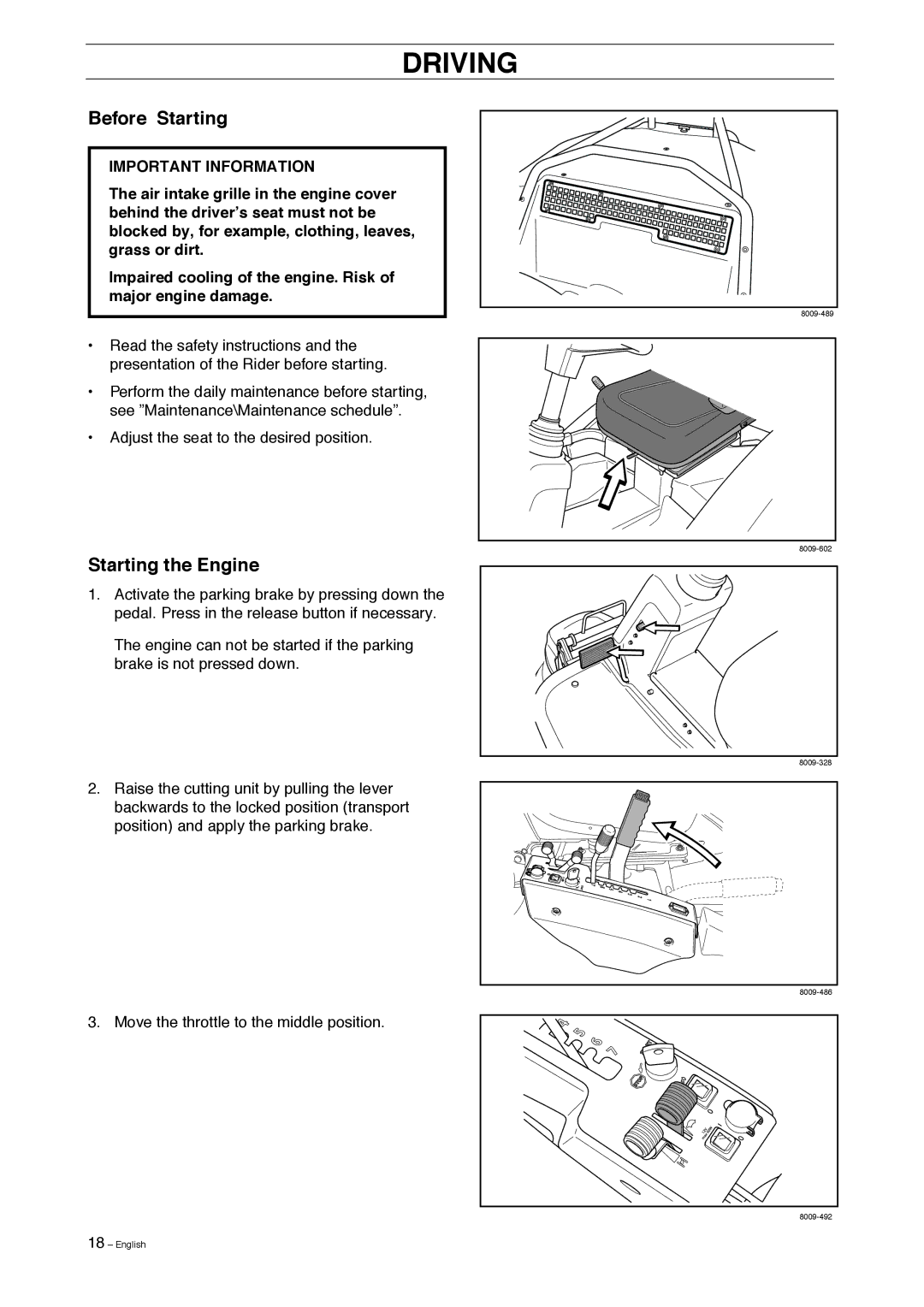 Husqvarna Pro 18 AWD manual Before Starting, Starting the Engine 