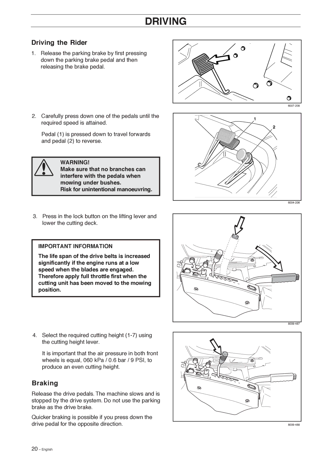 Husqvarna Pro 18 AWD manual Driving the Rider, Braking 