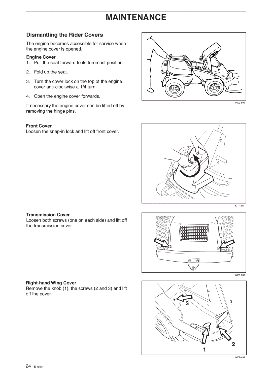 Husqvarna Pro 18 AWD Dismantling the Rider Covers, Engine Cover, Front Cover, Transmission Cover, Right-hand Wing Cover 