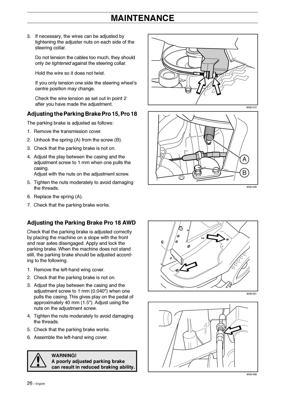 Husqvarna manual Adjusting the Parking Brake Pro 15, Pro, Adjusting the Parking Brake Pro 18 AWD 