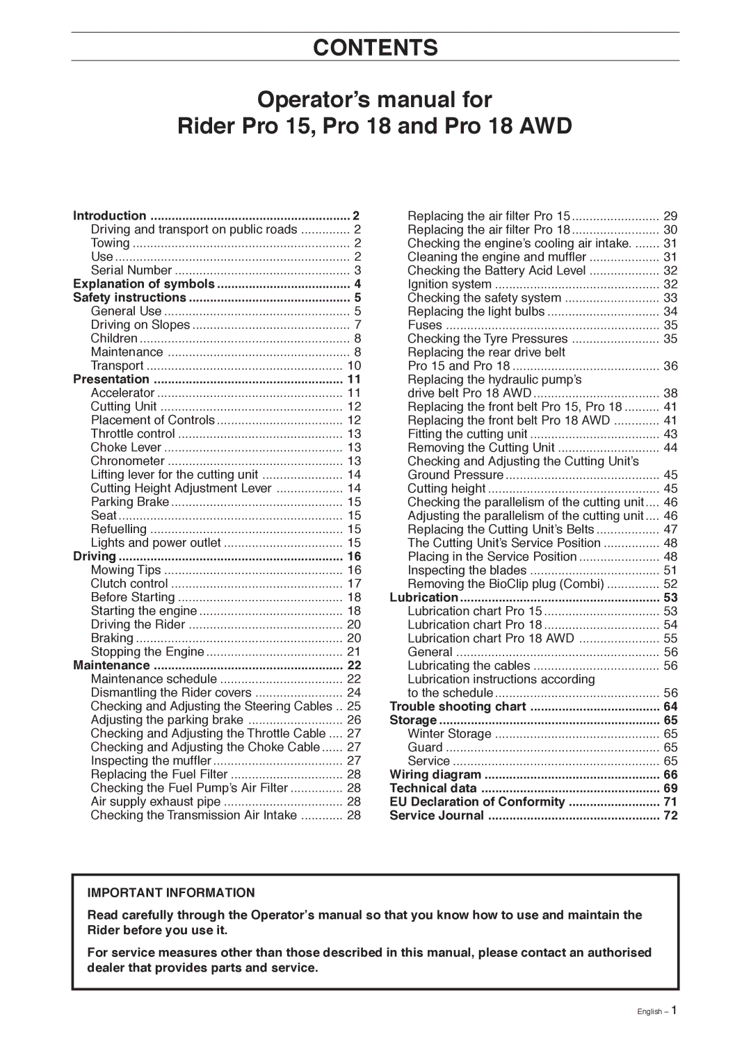 Husqvarna Pro 18 AWD manual Contents 